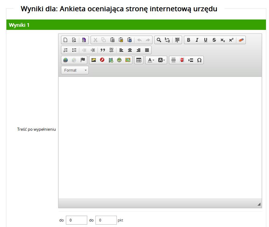 1.3. Dodawanie wyników do quizu i testu Kliknięcie na WYNIKI na liście ankiet spowoduje wyświetlenie formularza do wprowadzania wyników. Można dodać maksymalnie 5 wyników wypełnienia testu i quizu.