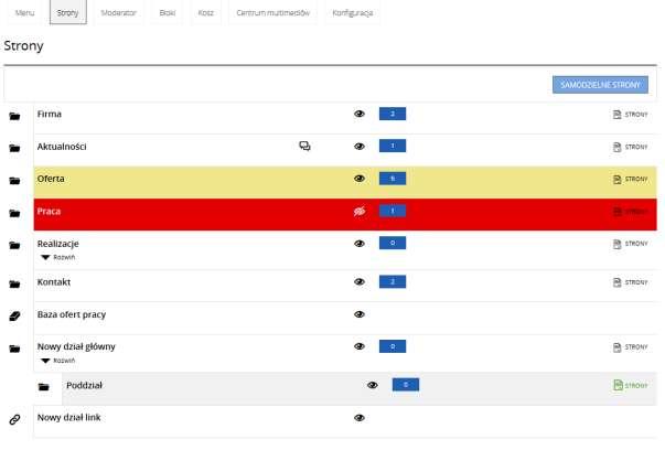 2. Strony Opcja zawiera narzędzia pozwalające na dodawanie nowych oraz edycję istniejących stron.
