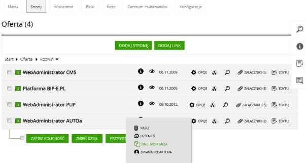 Opcja SYNCHRONIZUJ Po naciśnięciu tej opcji uzyskamy informację z jakimi innymi stronami w innych serwisach jest utworzona synchronizacja. Dodanie nowej kopi uzyskujemy, klikając KOPIUJ.