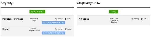 1.11. Atrybuty Definiujemy grupy atrybutów, które będziemy mogli ustawiać w formularzu dodawania/edycji stron. Atrybuty to dodatkowe pola np.