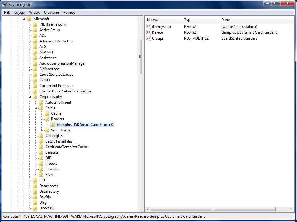 Krok 3. Po deinstalacji urządzenia w systemie naleŝy w Rejestrze systemu Windows w gałęzi: HKEY_LOCAL_MACHINE\SOFTWARE\Microsoft\Cryptography\Calais\Readers.