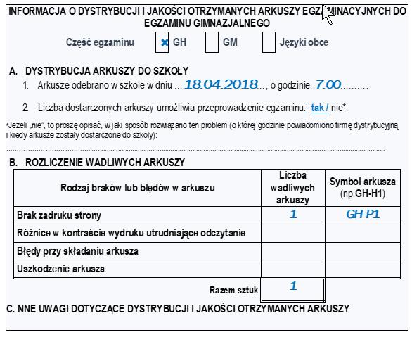 wadliwe arkusze włożyć do koszulki wraz załącznikiem na