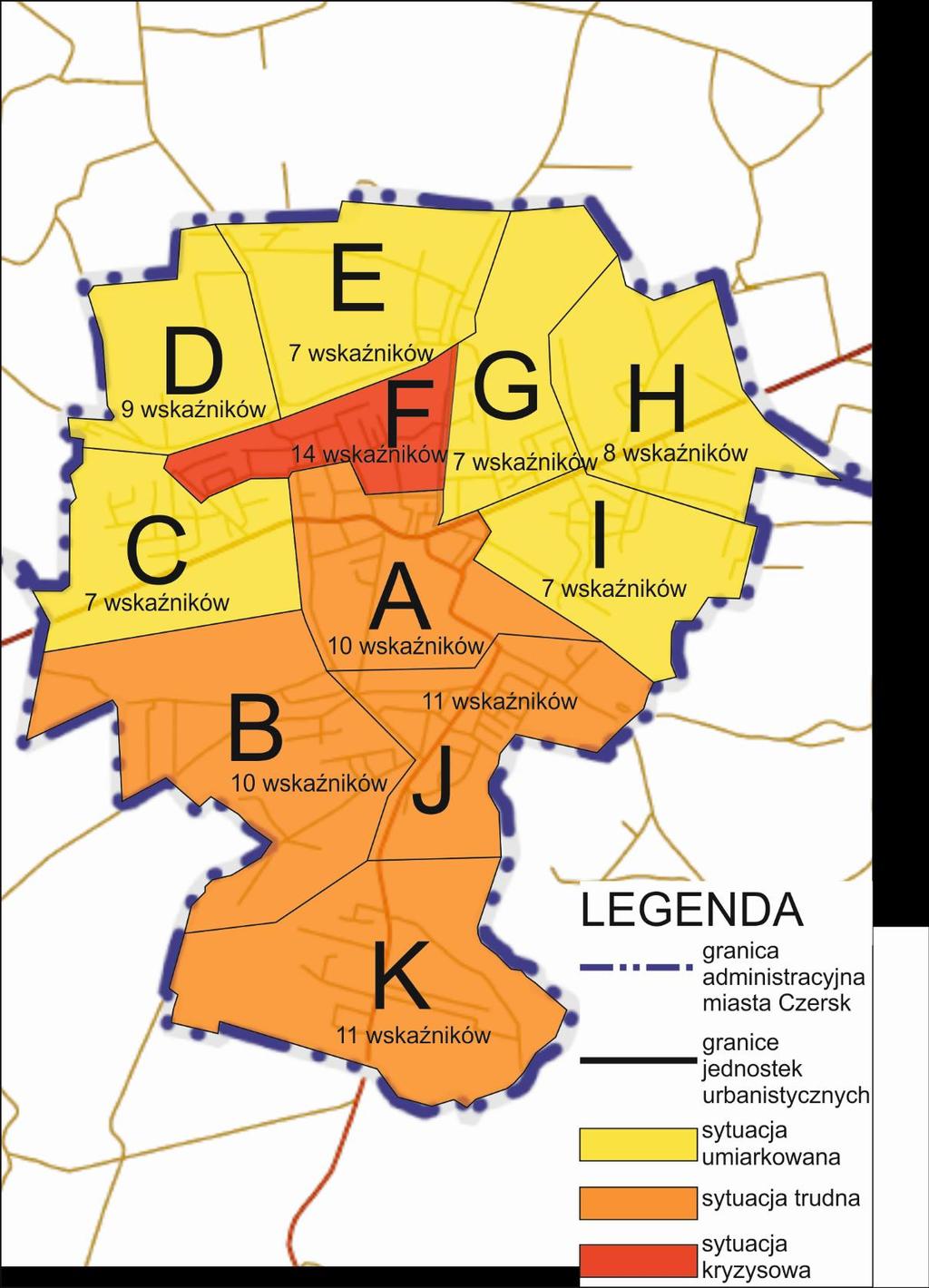 Rysunek 36 Podsumowanie analizy wskaźnikowej sytuacja w ramach jednostek Jak pokazała przeprowadzona wyżej analiza, obszar jednostki urbanistycznej F charakteryzuje się wyjątkowo złą sytuacją w