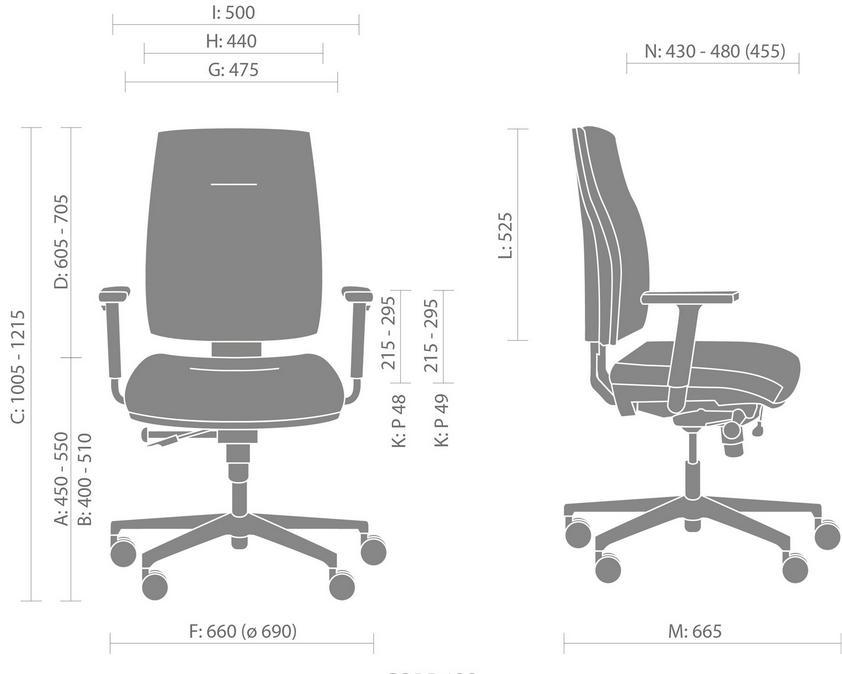K1 Fotel obrotowy Fotel obrotowy na kółkach z mechanizmem synchronicznym, na podnośniku gazowym, powinien posiadać: Szerokość 700 mm Głębokość 740 mm Wysokość 970-1145 mm Szerokość oparcia 470 mm