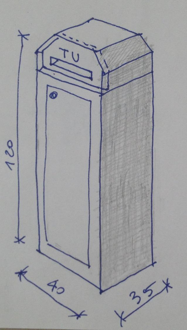 SKRZYNKA WRZUTOWA NA DOKUMENTY wykonana z blachy stalowej galwanizowanej gr.0,8mm, malowanej proszkowo na kilka kolorów wzór i odcienie do ustalenia z projektantem wymiary: podstawa szer.
