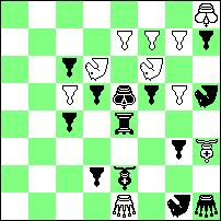 czarnych bierek. 1.H:b2, S:e4 2.Wf6, Sc3# 1.W:e2, S:d4 2.Ge6, S:e2# 1.G:e6, Kg3 2.Hc3+, G:c3# 1.W:f6, c4 2.