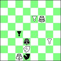 1.Sd2! tempo 1...b4 2.Hd4+, c:d4# 1...c4 2.S:c4+, b:c4# 1...Sf6~ 2.Sf5+, S:f5# 1...Sg7~ 2.He4+, S:e4# Kazimierz SZYMAŃSKI (6+5) Konstrukcja zgrabna, meredith bez białych pionków.