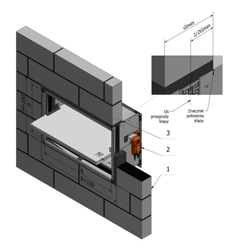 5.1. Montaż klap w ścianach betonowych lub murowanych Klapę należy unieruchomić centrycznie w przygotowanym wcześniej otworze tak, aby oś przegrody klapy znalazła się w osi przegrody budowlanej.