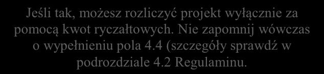 5.12 + 5.10.3 + 5.10.4 + 5.10.5). Jeśli tak, możesz rozliczyć projekt wyłącznie za pomocą kwot ryczałtowych. Nie zapomnij wówczas o wypełnieniu pola 4.4 (szczegóły sprawdź w podrozdziale 4.