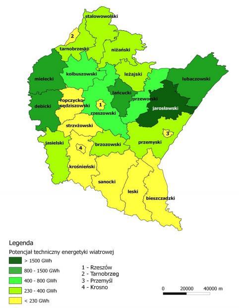 Plan Gospodarki Niskoemisyjnej dla Gminy Ustrzyki Dolne Rysunek 19 Potencjał techniczny energetyki wiatrowej w województwie podkarpackim.