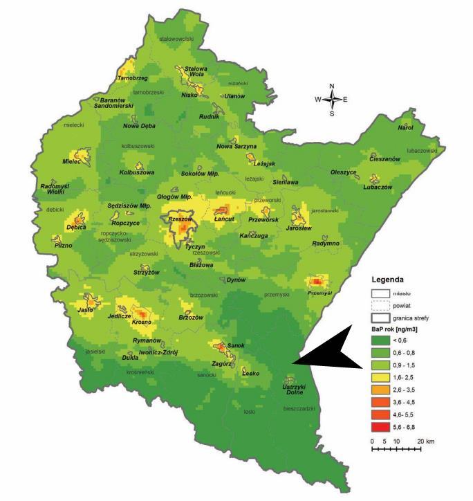 Rysunek 15 Rozkład stężeń średniorocznych benzo(a)pirenu w powietrzu w województwie podkarpackim w roku 2014 (Źródło: Raport o stanie środowiska w województwie podkarpackim w 2014 roku) Z powyższych