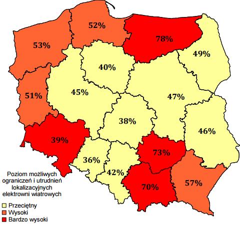 Plan Gospodarki Niskoemisyjnej dla Gminy Ustrzyki Dolne Rysunek 18 Udział obszarów, na których lokalizacja elektrowni wiatrowych na powierzchni gruntów rolnych województwa może być utrudniona.