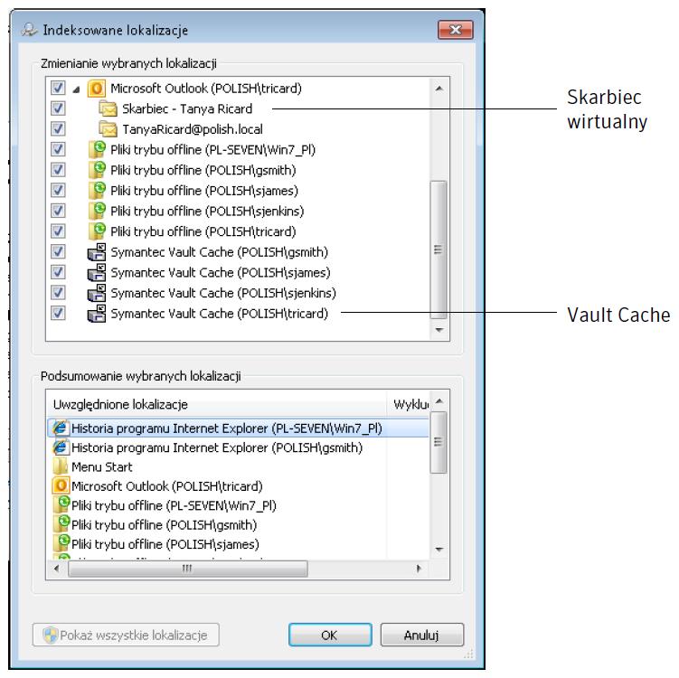 Konfigurowanie programu Enterprise Vault Konfigurowanie narzędzia Windows Search 20 3 Na liście Zmienianie wybranych lokalizacji upewnij się, że jest zaznaczony wpis dotyczący skarbca wirtualnego.