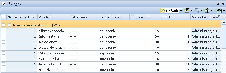 Wirtualna Uczelnia student Dodatkowo, po uruchomieniu wyszukiwania szczegółowego Oceny, obszar składa się z: Termin - Podaje numer terminu zaliczenia Ocena - Informuje, jaką