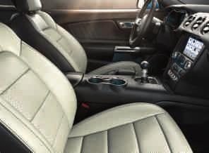 tonacji Ebony Boki foteli: Skóra Salerno w tonacji Ebony (dostępne jako element pakietu Carbon) Mustang i Mustang GT Siedzisko i oparcie foteli: skóra perforowana Lux Ebony/Red z przeszyciami Black/