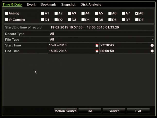 Dodatek E Instrukcje archiwizacji rejestratora TruVision Wyszukiwanie i odtwarzanie nagrań wideo 1. W trybie podglądu na żywo naciśnij przycisk Search (Szukaj) na panelu przednim.