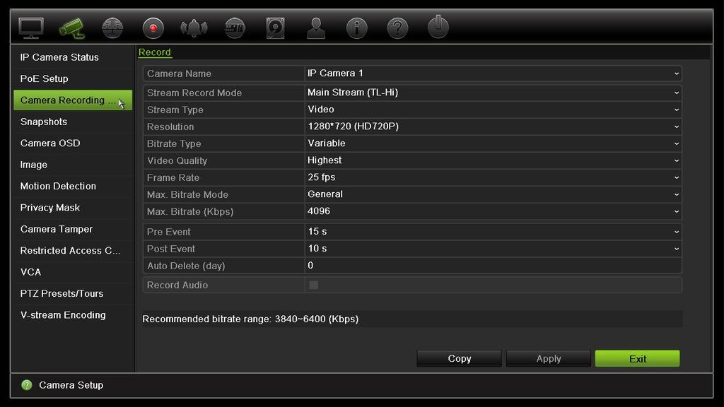 Rozdział 10: Konfiguracja kamery Aby skonfigurować ustawienia nagrywania: 1. Na pasku narzędzi menu kliknij opcję Camera Recording Settings (Ustawienia nagrywania kamery). 2.