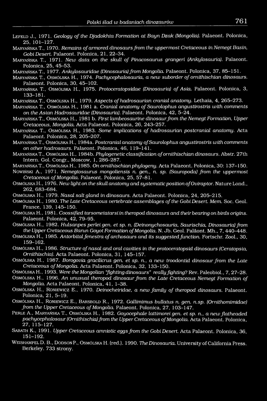 New data on the skull o f Pinacosaurus grangeri (Ankylosauria). Palaeont. Polonica, 25, 45-53. M a r y a ń s k a T., 1977. Ankylosauridae (Dinosauria) from Mongolia. Palaeont. Polonica, 37, 85-151.