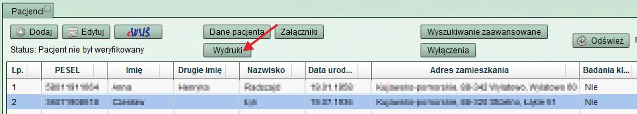 Użytkownik systemu widzi wynik takiej weryfikacji. 6. Wydruki na pacjenta Po wcześniejszym zdefiniowaniu istnieje możliwość dokonywania wydruków dotyczących wybranego pacjenta.