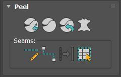 Unwrap UVW Peel Zestaw narzędzi pozwalający na ręczny podział siatki na elementy i automatyczne ich rozłożenie w 2 wymiarach z zachowaniem proporcji odległości w celu podziału siatki należy utworzyć