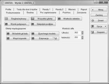 Testy anova jako narzędzie wspomagające weryfikację hipotez statystycznych Rysunek 10. Widok okna modułu Statystyka/ANOVA Figure 10. View of the module window STATISTICS/ANOVA Rysunek 11.