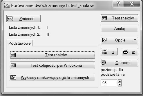 Test znaków w programie Statistica dostępny jest w module Statystyka/Statystyki nieparametryczne/porównanie dwóch prób zależnych (zmiennych), a widok modułu z wbudowanym testem znaków przedstawiono