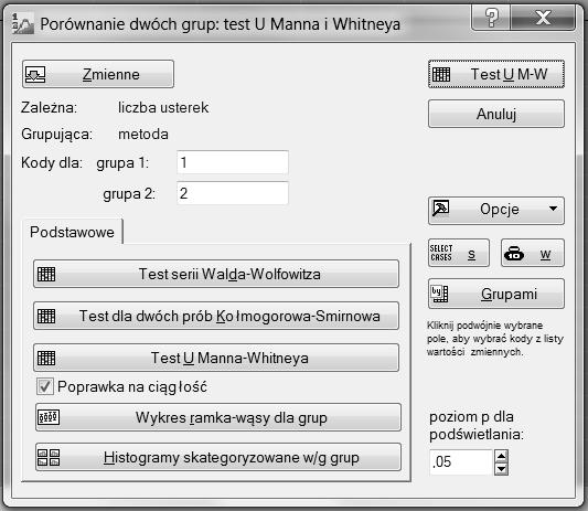 Rysunek 6. Widok okna z testem U Manna-Whitneya Dla rozważań wykorzystano przykład związany z liczbą usterek (braków) wyrobów produkowanych na dwóch odrębnych liniach technologicznych.