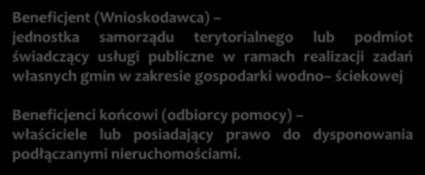 Beneficjenci: Beneficjent (Wnioskodawca) jednostka samorządu terytorialnego lub podmiot świadczący usługi publiczne w ramach realizacji zadań własnych gmin w