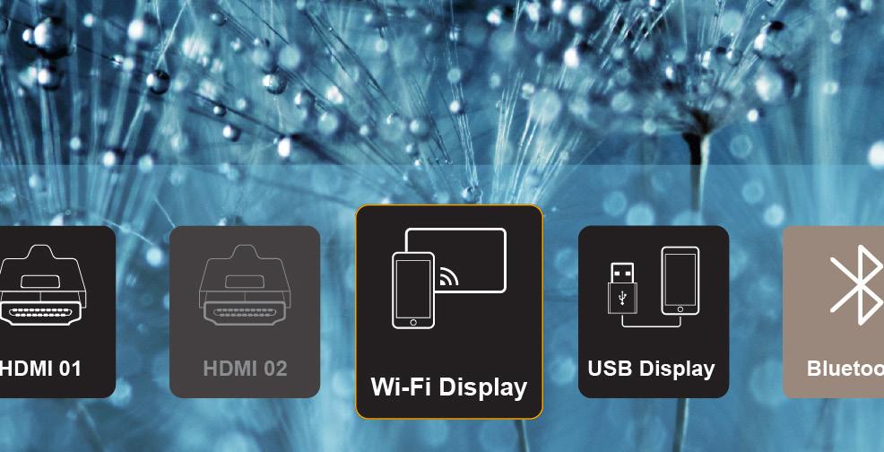 KORZYSTANIE Z PROJEKTORA Bezprzewodowa transmisja strumieniowa multimediów Wybierz pozycję Wi-Fi Display, aby przesłać ekran urządzenia przenośnego do projektora przez połączenie Wi-Fi. 1.