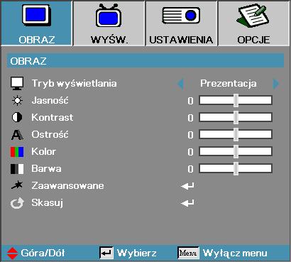Obraz Tryb wyświetlania Dostępnych jest wiele ustawień fabrycznych dostosowanych do różnego typu obrazów. Prezentacja: dobre kolory i jasność z komputera. Jasny: maksymalna jasność z komputera.
