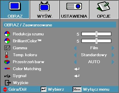 Obraz Zaawansowane Redukcja szumu Adaptacyjna redukcja szumu dla filmu redukuje ilość widocznych zakłóceń dla sygnałów z przeplotem. Zakres regulacji wynosi 0 do 10. (0=Wył.