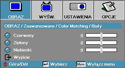 Obraz Zaawansowane Color Matching Kolory (Poza białym) Nacisnij, aby wybrać kolor i naciśnij ENTER, aby wyregulować ustawienia barwy, nasycenia i wzmocnienia.