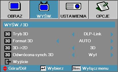 Wyśw. 3D Tryb 3D DLP Link: Wybierz DLP Link, aby użyć zoptymalizowanych ustawień dla okularów DLP Link 3D.