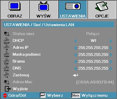 Ustawienia Ustawienia LAN Uwaga Podmenu Sieć dostępne jest jedynie, kiedy podłączony jest kabel sieciowy. Jeśli połączenie zostanie nawiązane,na wyświetlaczu OSD pojawi się następujące okno dialogowe.