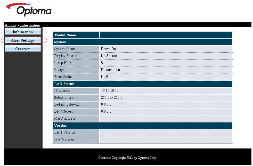 Kategoria Element Długość wprowadzanych wartości Sterowanie Crestron Projektor Konfiguacja sieci Hasło użytkownika Hasło administratora Adres IP 15 ID IP 3 Port 5 Nazwa projektora 10 Lokalizacja 10