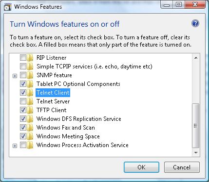 3. Wybierz opcję Włącz lub wyłącz funkcje Windows, w celu uruchomienia. 4. Zaznacz opcję Telnet Client (Klient Telnet), a następne naciśnij przycisk OK. Specyfikacja dla RS232 by TELNET : 1.