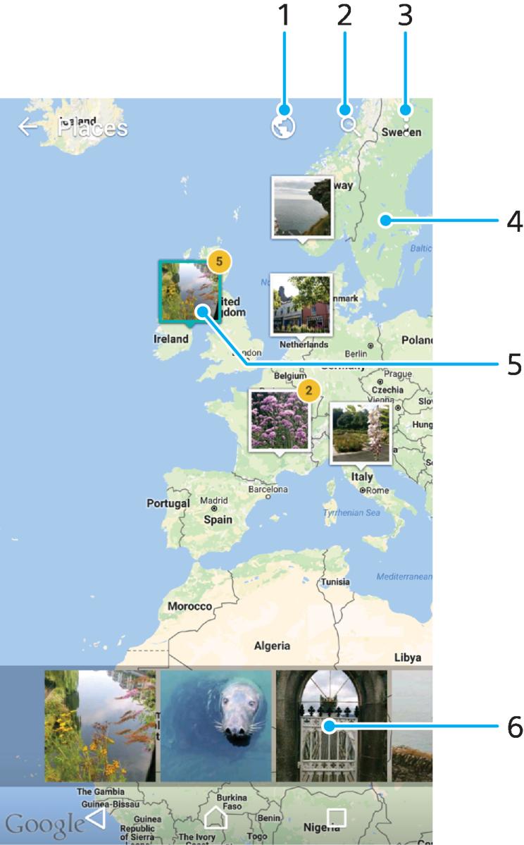 1 Stuknij, aby wyświetlić zdjęcia z geotagami w widoku mapy 2 Wyszukiwanie lokalizacji na mapie 3 Stuknij, aby wyświetlić opcje menu 4 Stuknij dwukrotnie lub ściśnij palcami, aby powiększyć obraz,