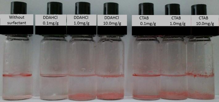 Na obrazach tych kulek wyraźnie widać, że olej (n-heptan zabarwiony czerwonym barwnikiem) ulegał dystrybucji na powierzchni kulek szklanych modyfikowanych surfaktantem kationowym.