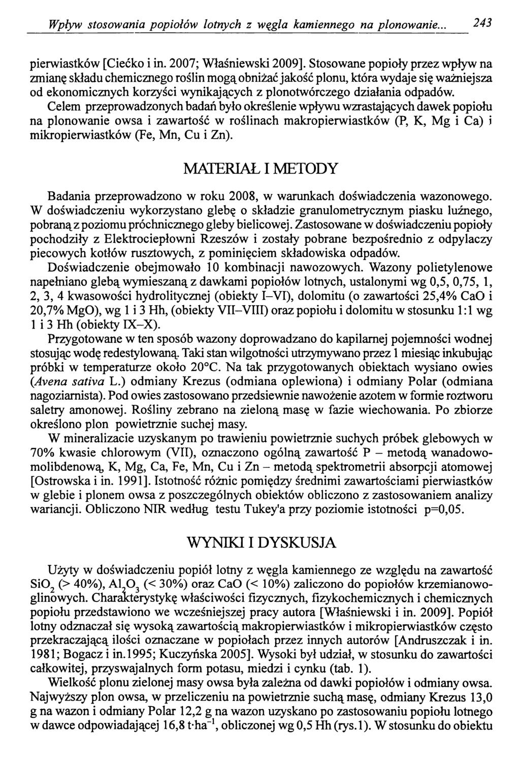 Wpływ stosowania popiołów lotnych z węgla kamiennego na plonowanie.. 243 pierwiastków [Ciećko i in. 2007; Właśniewski 2009].