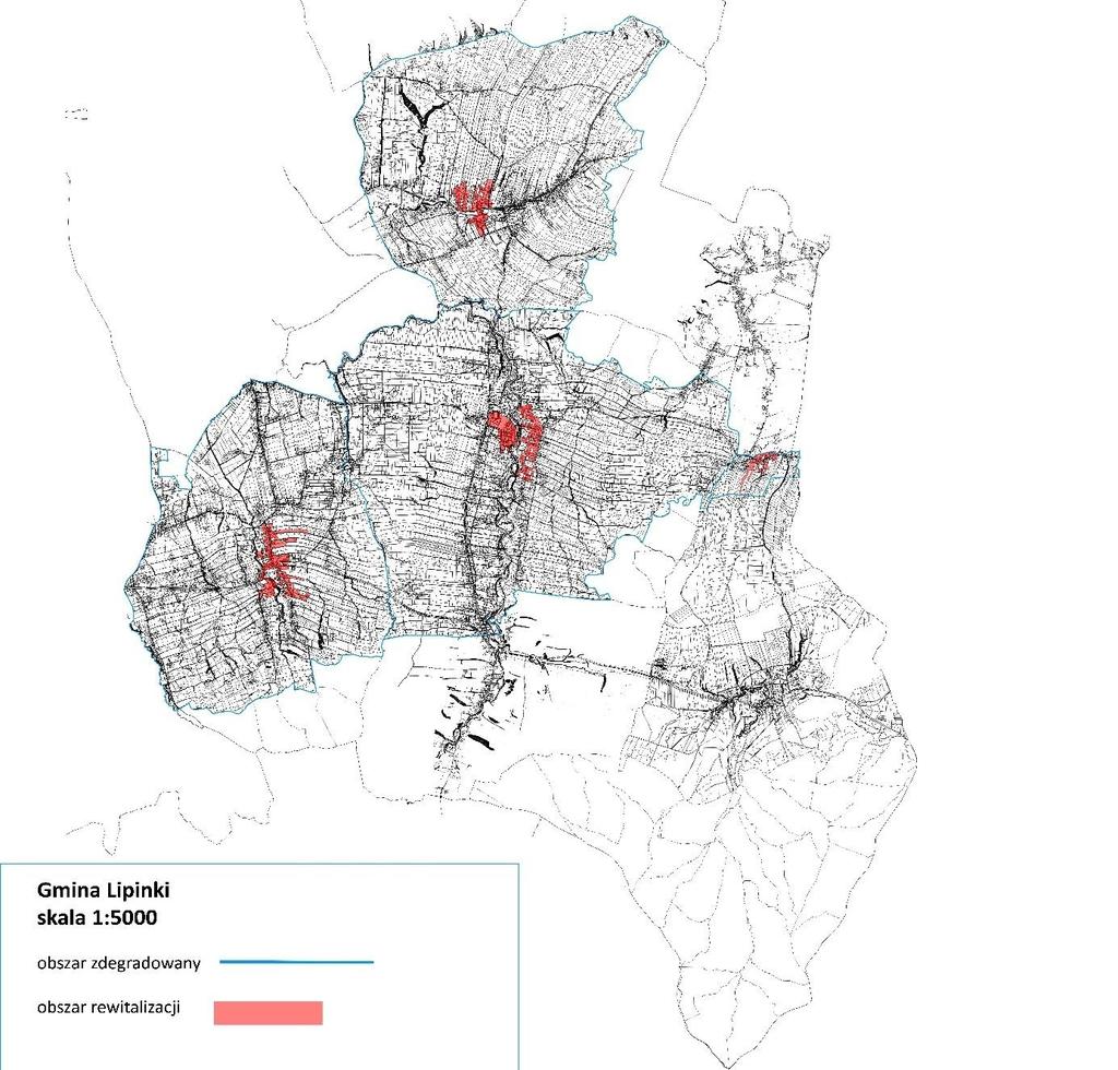 Poniżej znajduje się mapa prezentująca obszar zdegradowany: Rysunek 9. Mapa obszaru zdegradowanego i rewitalizacji Źródło: opracowanie własne na podstawie mapy zasadniczej. 8.