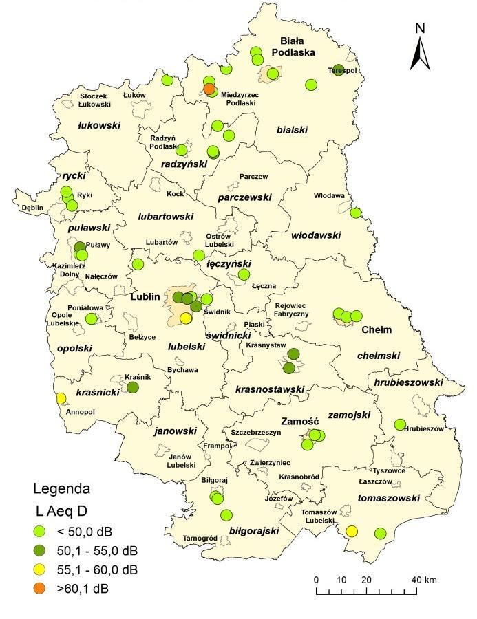 Wykres 36. Udział zakładów z przekroczeniami L AeqD, oraz ich rozkład w poszczególnych klasach w roku 2014 (źródło WIOŚ, baza EHALAS) Mapa 22.