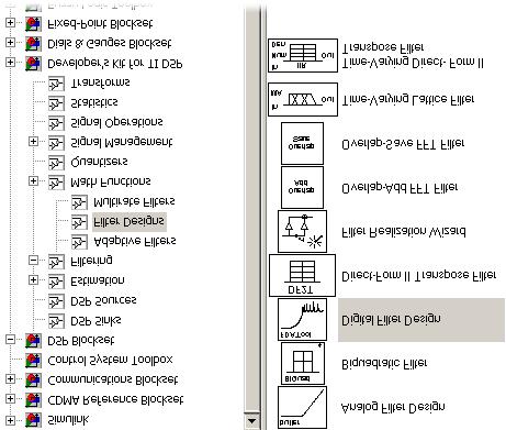 Nastepnie z Library Browser nalezy wybrac pozycje: / DSP Blockset / Filtering / Filter Designs Rys.