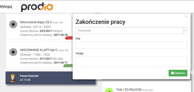 2. Rejestracja wyjścia z pracy: Pracownik wybiera na planie produkcji przycisk