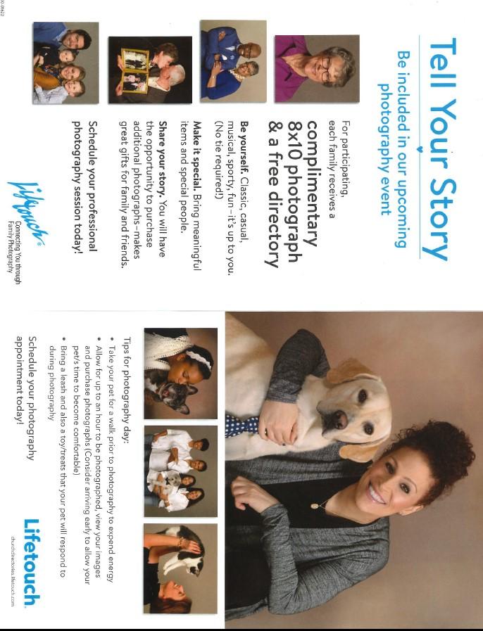 When you sign up and have your family picture taken: **you will receive, at no cost to you, an 8x10 photograph **opportunity to purchase additional photographs and products at absolutely no sales