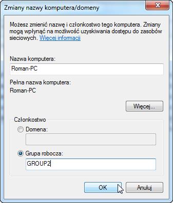 Upewnij się, że wybrano Grupa robocza i wpisz GROUP#, gdzie # to numer grupy przypisany