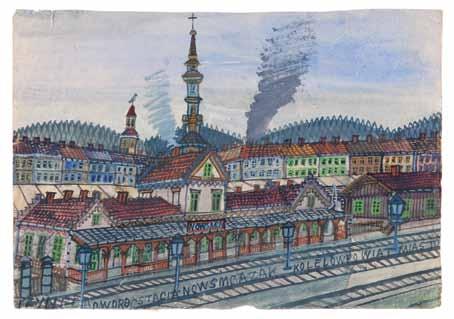 10 Nikifor Krynicki (1895 Krynica 1968 Folusz) Stacyjka z ptaszkiem na wieży akwarela,