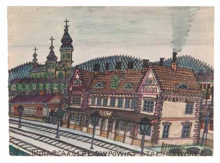 Krynica 1968 Folusz) Stacyjka akwarela, gwasz/papier, 21,6 x 29 cm ODWROCIE: napis: