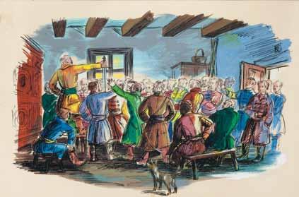 32 Tadeusz Gronowski (1894 Warszawa 1990 Paryż) Ilustracja do VII Księgi "Pana Tadeusza" - "Rada", 1946 r. gwasz, tusz/papier, 43,5 x 66 cm sygnowany i datowany p. d.: 'Gronowski 46' LITERATURA: Adam Mickiewicz, "Pan Tadeusz", wyd.
