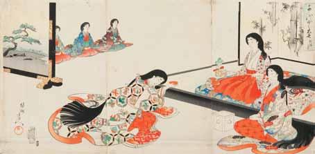 nishiki-e, format: tryptyk ōban (37 x 74 cm) sygnowany: 'Yōshū Chikanobu', pieczęć artysty 1 200 zł Estymacja: 1 400 2 500 72