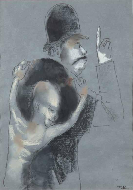 110 Tadeusz Kantor (1915 Wielopole Skrzyńskie 1990 Kraków) Ci poważni panowie flamaster, pastel/kalka, 46,5 x 33 cm sygnowany p. d.: 'T. K.' Ukończył w 1939 roku ASP w Krakowie.